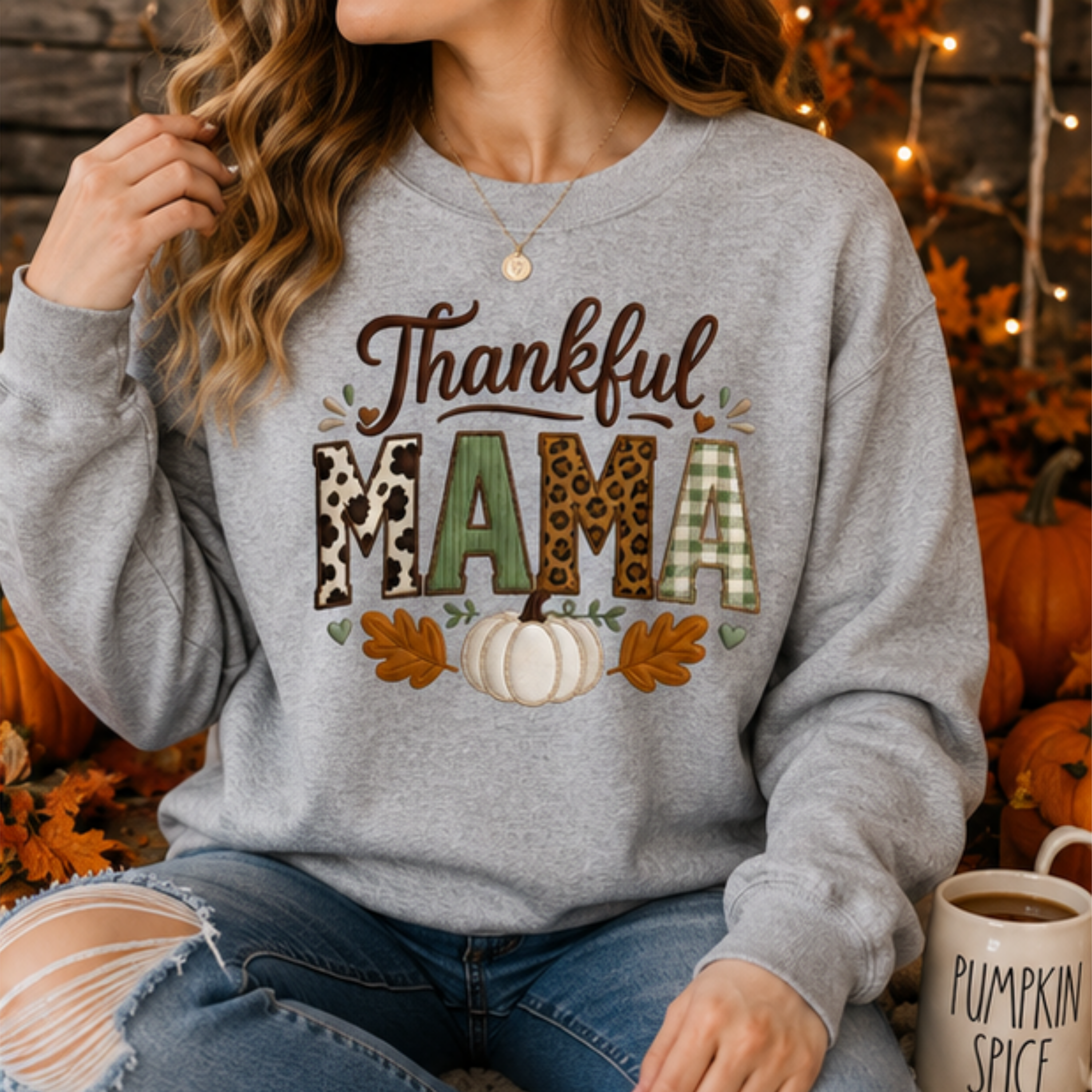 Thankful Mama Fall Sweatshirt | Cozy Thanksgiving Crewneck for Moms | Printed Autumn Pumpkin Sweatshirt