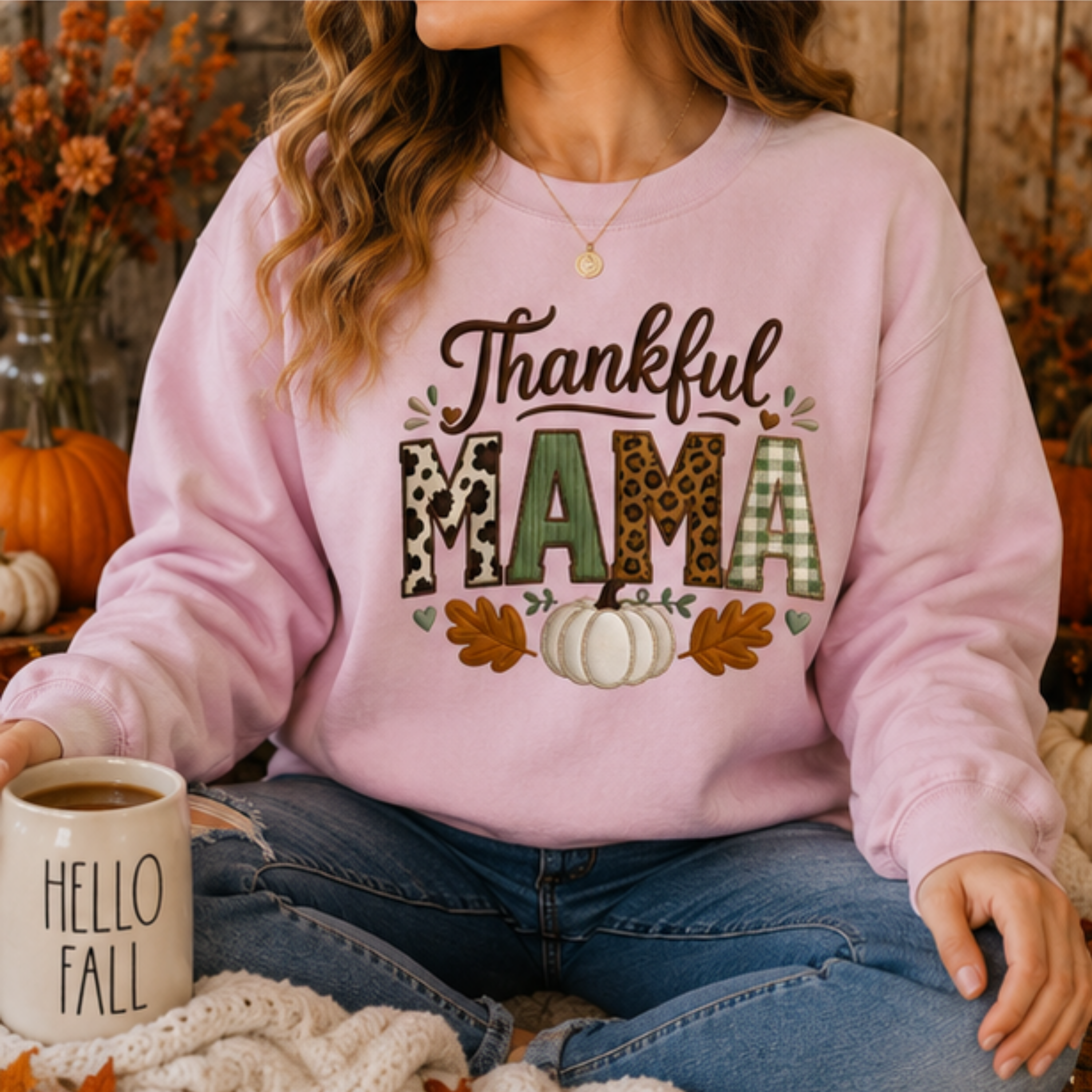 Thankful Mama Fall Sweatshirt | Cozy Thanksgiving Crewneck for Moms | Printed Autumn Pumpkin Sweatshirt
