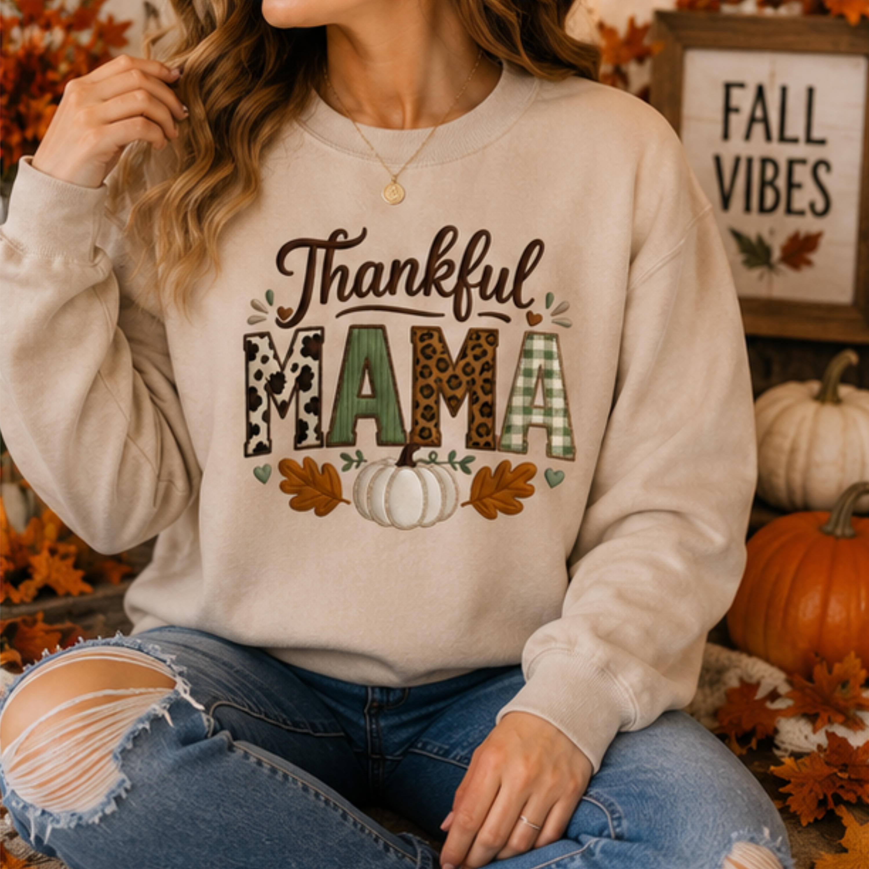 Thankful Mama Fall Sweatshirt | Cozy Thanksgiving Crewneck for Moms | Printed Autumn Pumpkin Sweatshirt