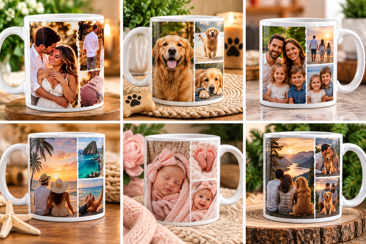 Personalized photo mug examples for weddings, pets, family, vacations, babies, and special memories