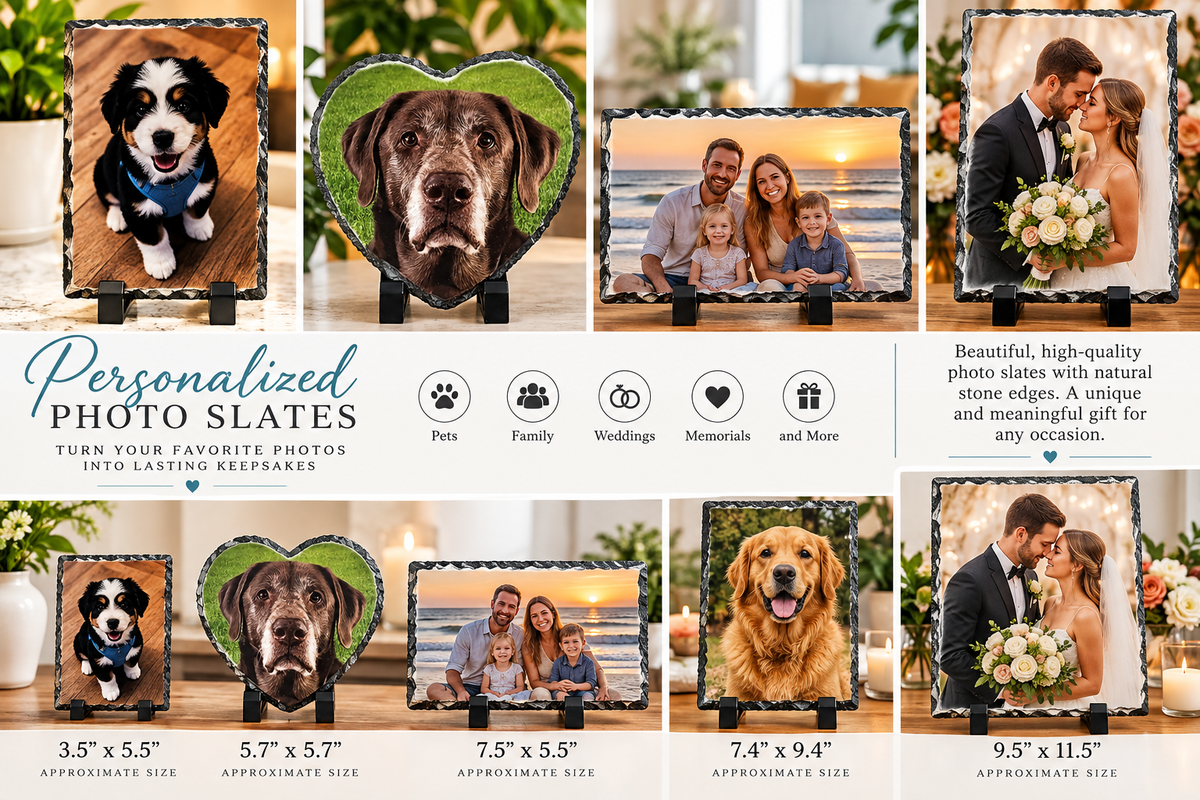 Illustrative personalized photo slate designs and five available sizes