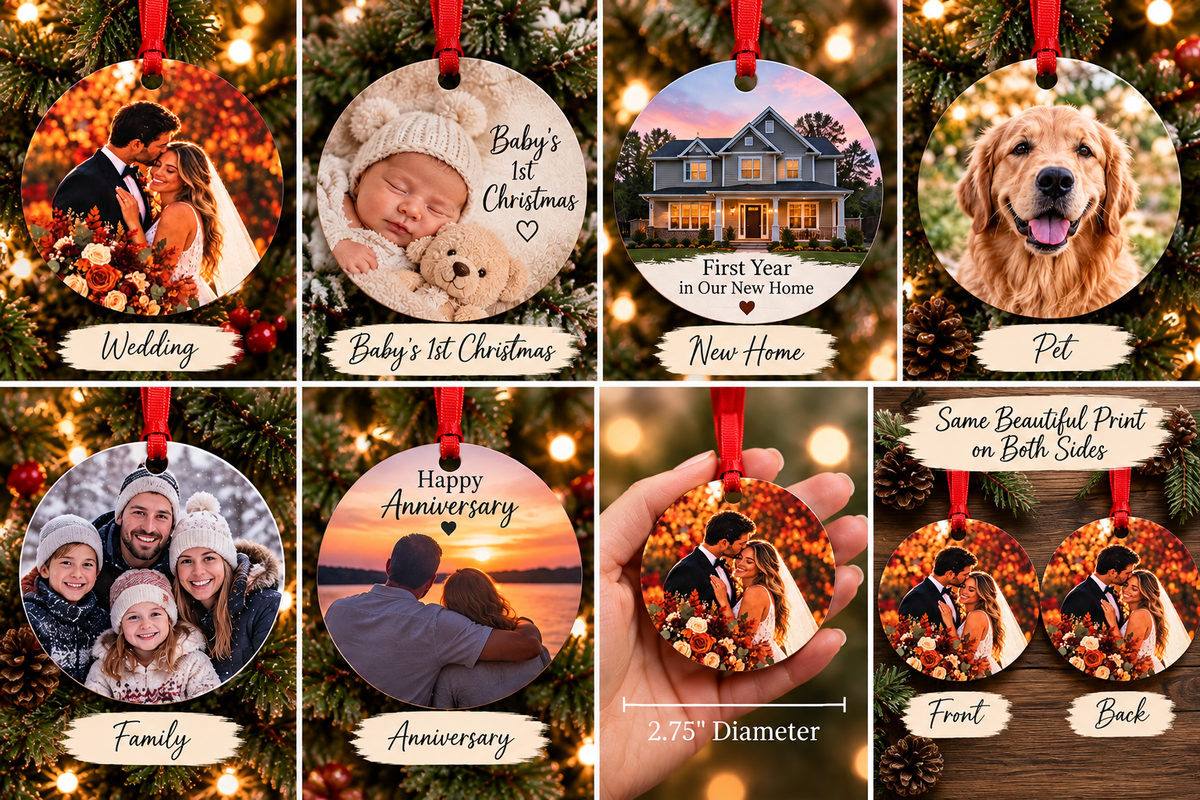Illustrative ornament personalization examples for baby, new home, wedding, pets and family