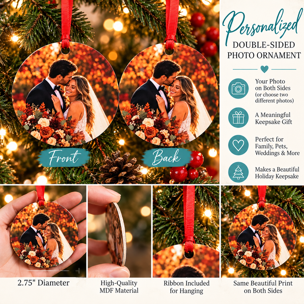 Illustrative double-sided ornament showing the same photo on front and back