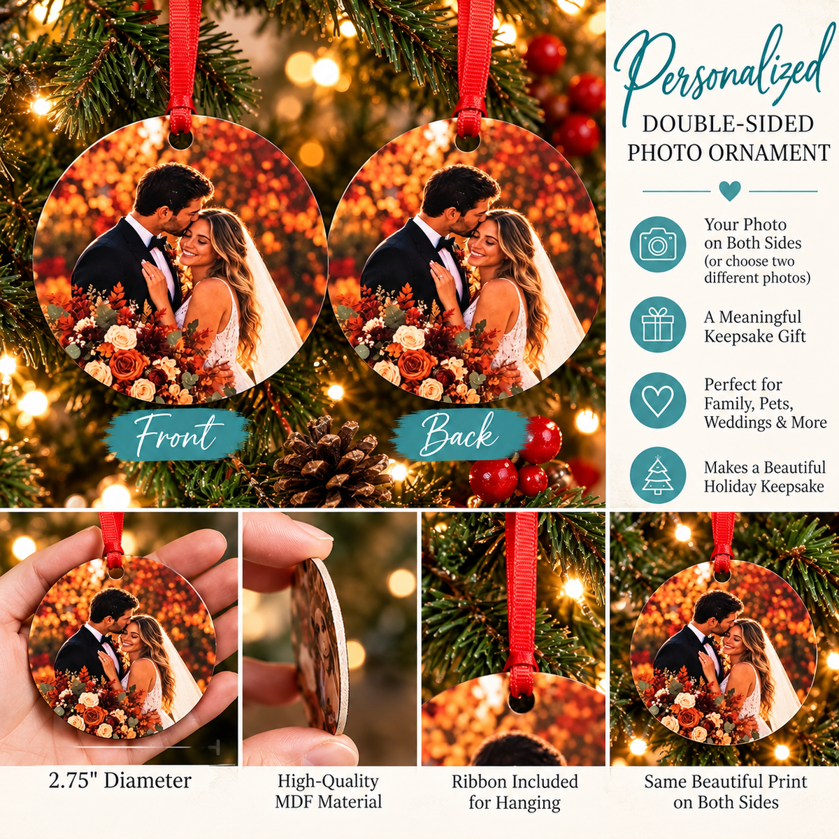 Illustrative double-sided ornament showing the same photo on front and back