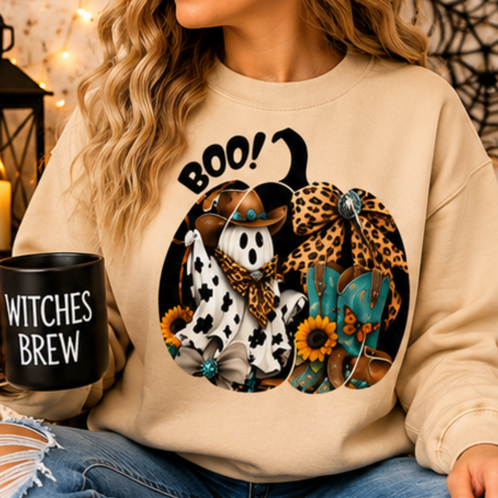 Cowgirl Ghost Halloween Sweatshirt – Western Boo Pumpkin Crewneck | Cozy Fall Sweatshirt for Women