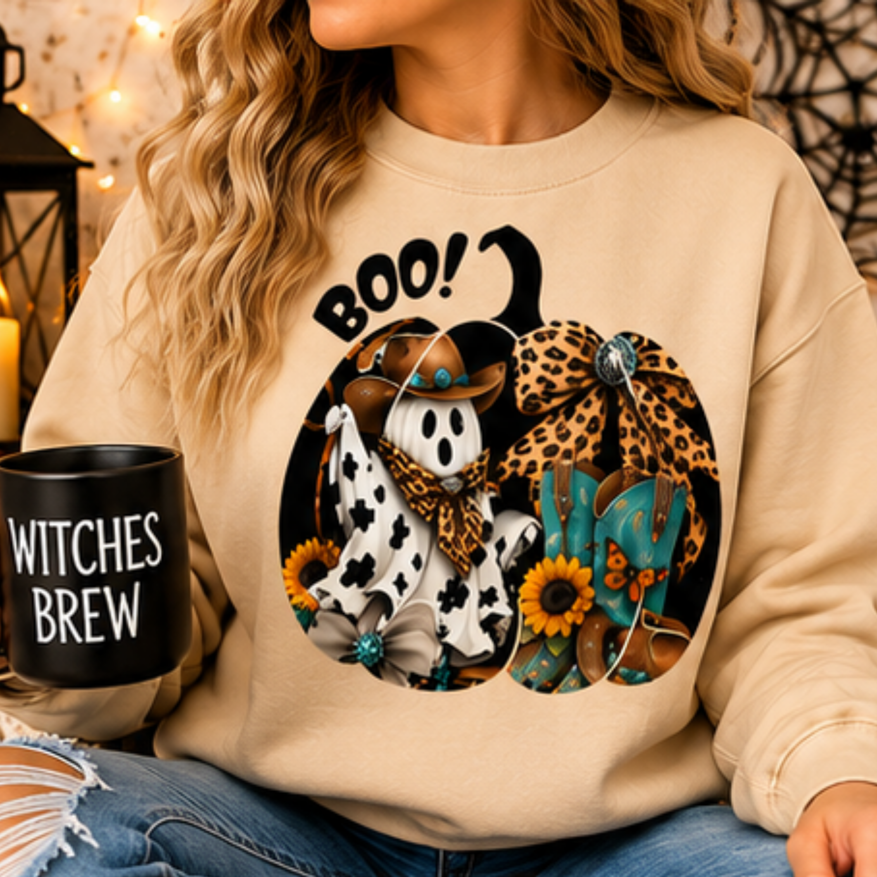 Cowgirl Ghost Halloween Sweatshirt – Western Boo Pumpkin Crewneck | Cozy Fall Sweatshirt for Women