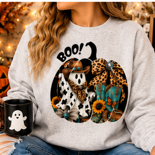 Cowgirl Ghost Halloween Sweatshirt – Western Boo Pumpkin Crewneck | Cozy Fall Sweatshirt for Women