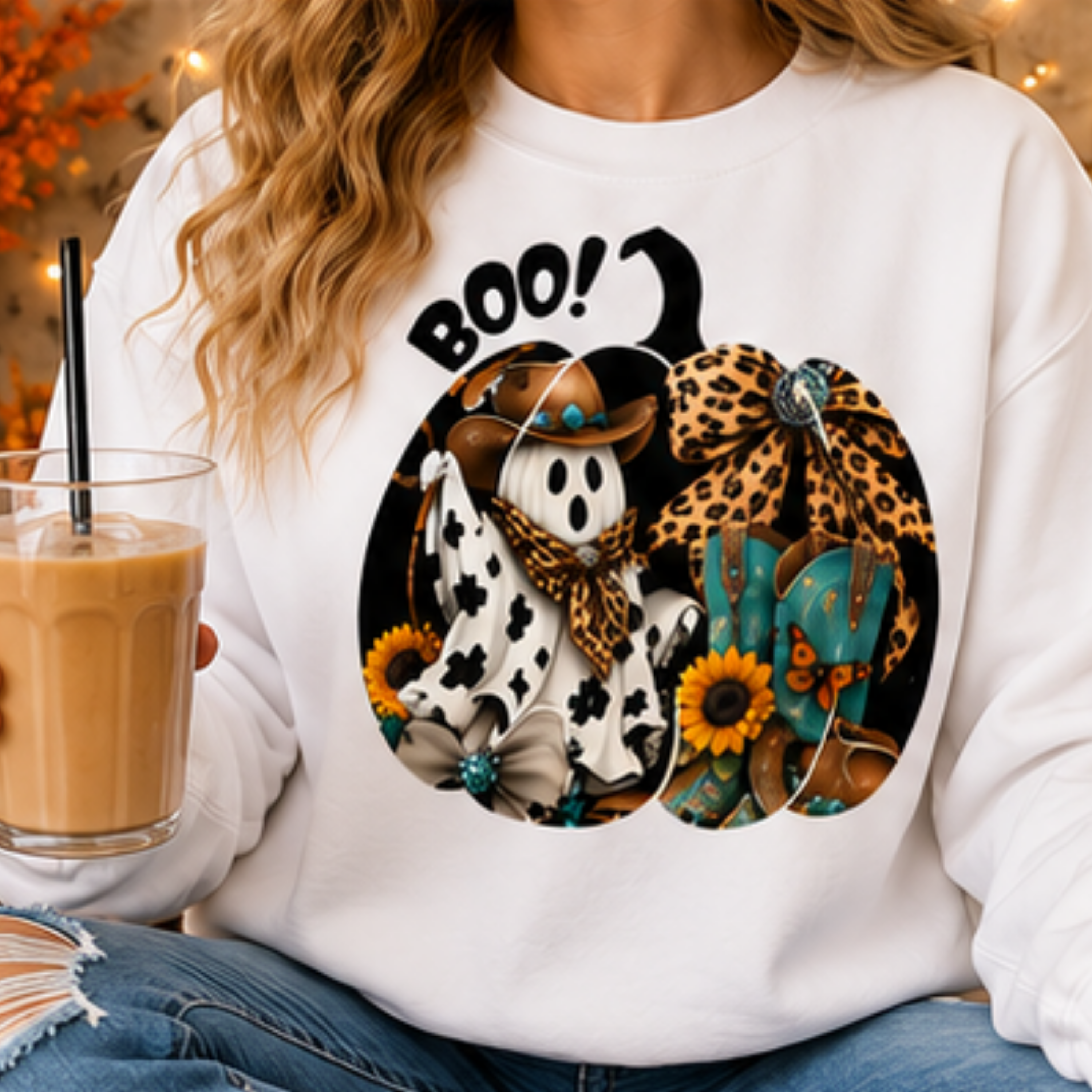 Cowgirl Ghost Halloween Sweatshirt – Western Boo Pumpkin Crewneck | Cozy Fall Sweatshirt for Women