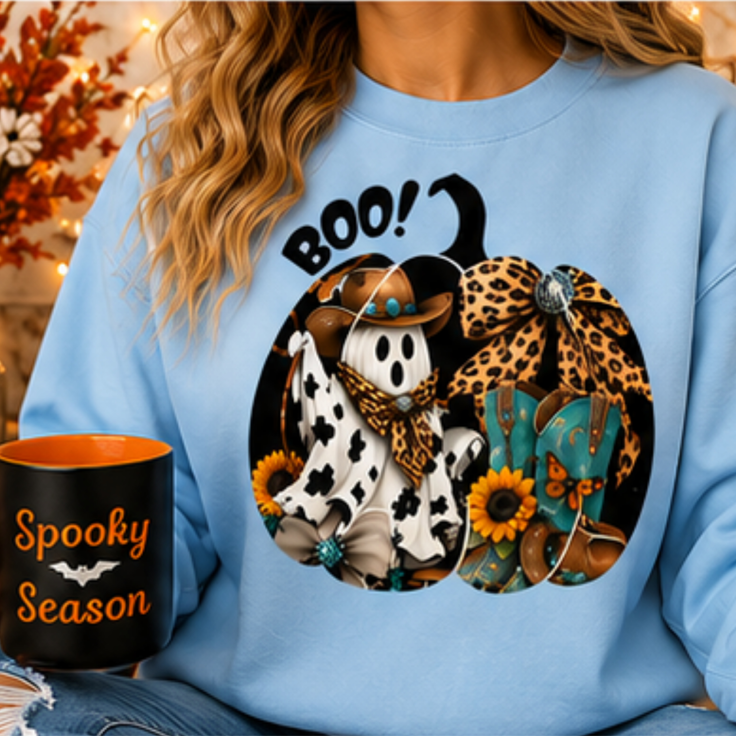 Cowgirl Ghost Halloween Sweatshirt – Western Boo Pumpkin Crewneck | Cozy Fall Sweatshirt for Women