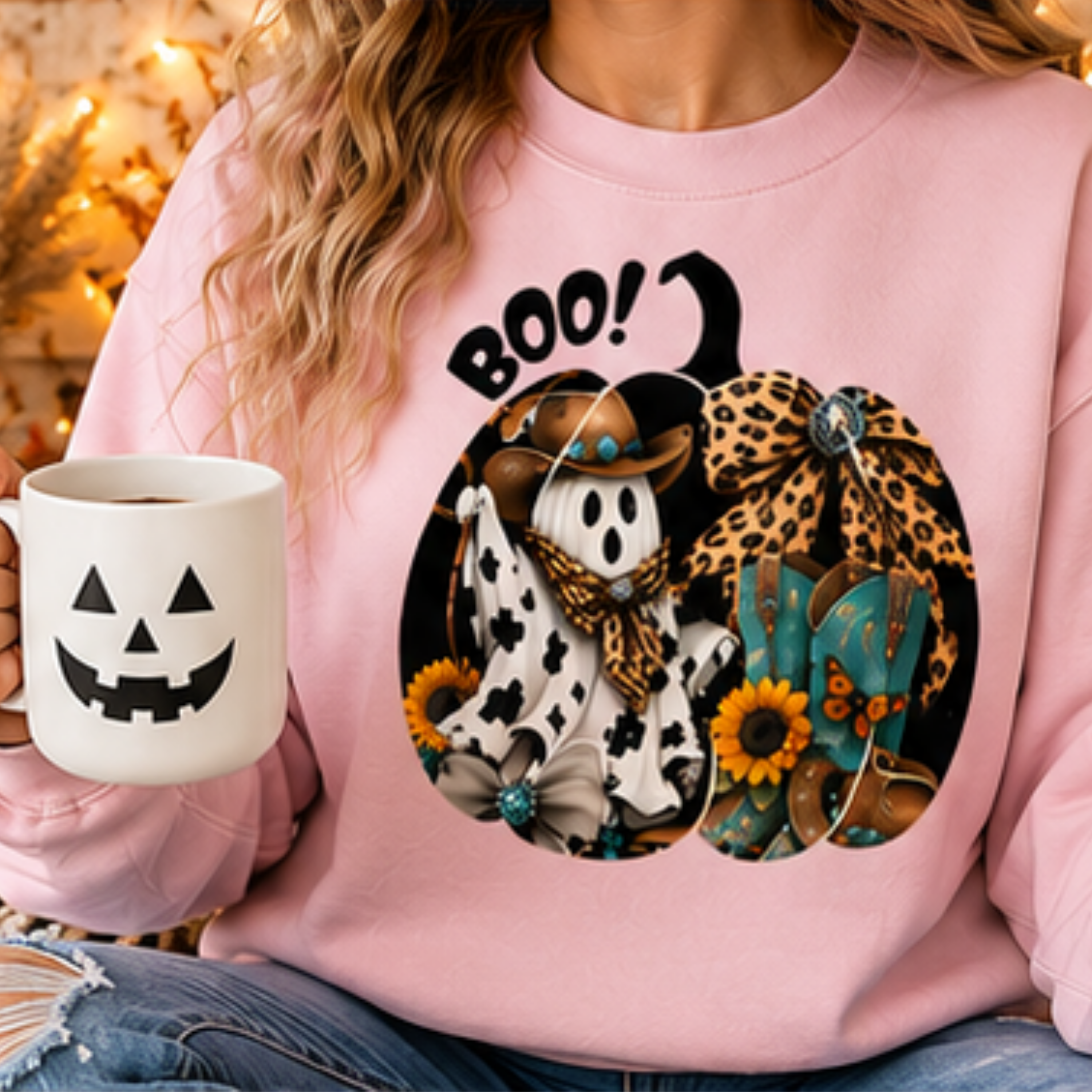 Cowgirl Ghost Halloween Sweatshirt – Western Boo Pumpkin Crewneck | Cozy Fall Sweatshirt for Women