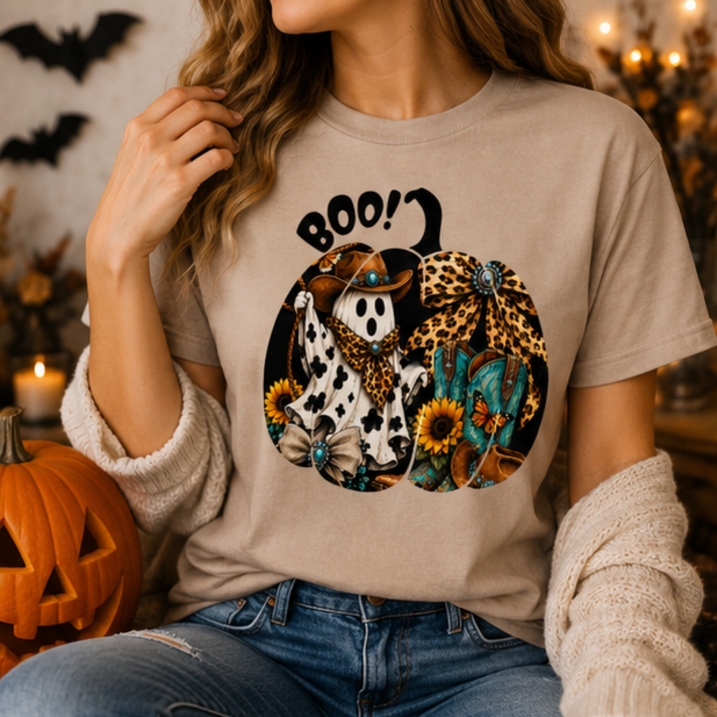 Cowgirl Ghost Halloween T-Shirt | Western Boo Graphic Tee | Cute Spooky Season Shirt | Fall Pumpkin Country Tee for Women