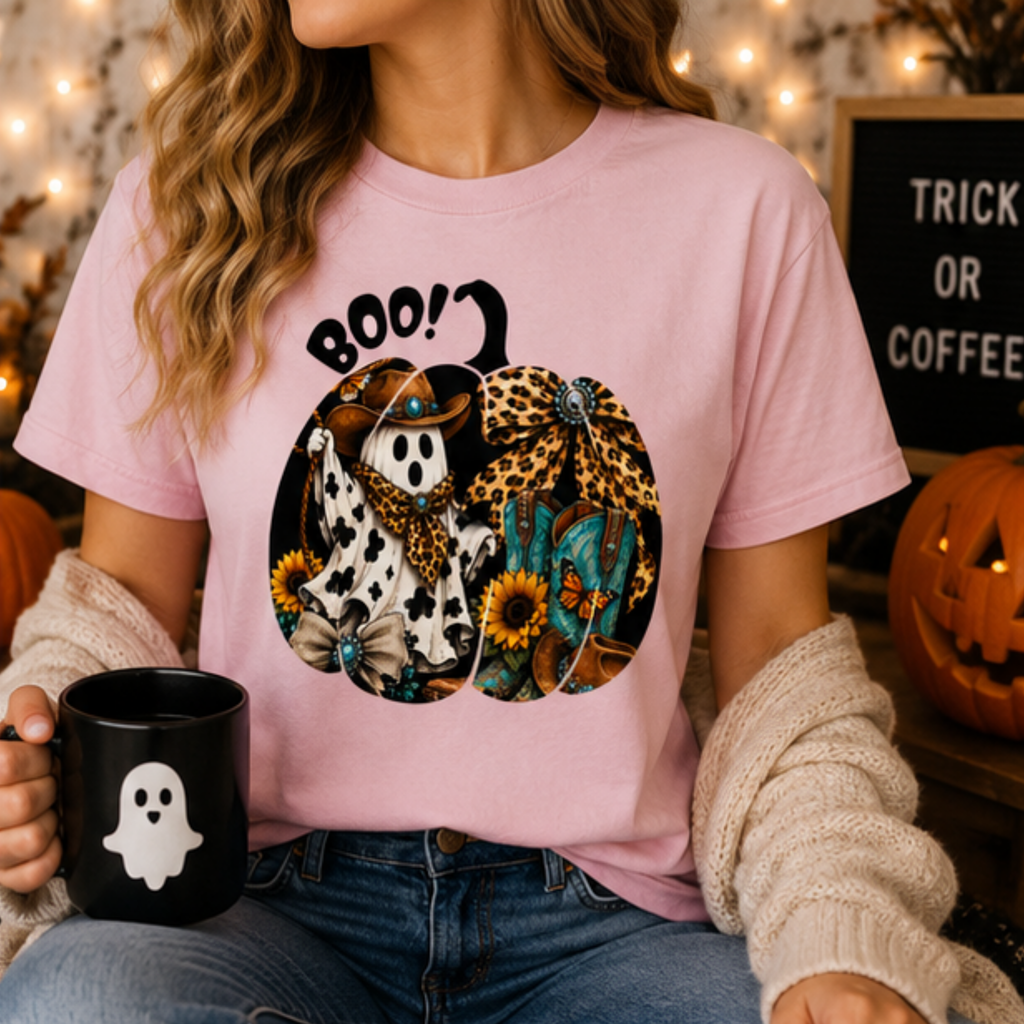 Cowgirl Ghost Halloween T-Shirt | Western Boo Graphic Tee | Cute Spooky Season Shirt | Fall Pumpkin Country Tee for Women