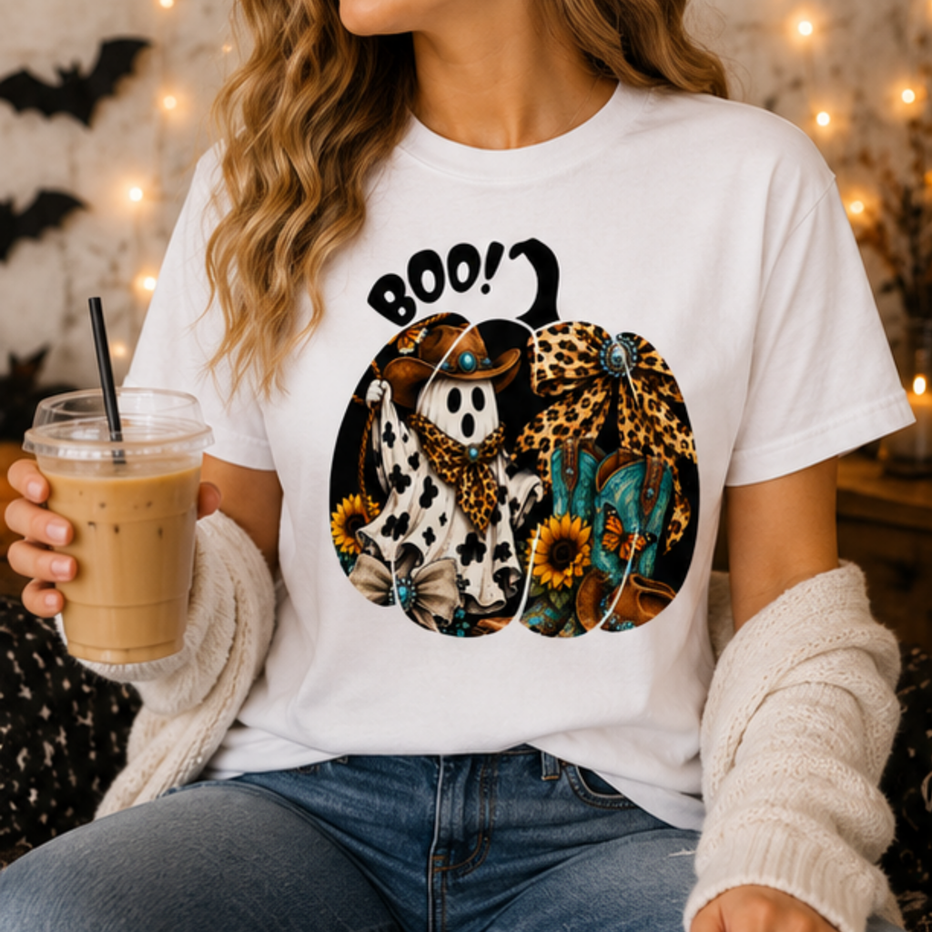 Cowgirl Ghost Halloween T-Shirt | Western Boo Graphic Tee | Cute Spooky Season Shirt | Fall Pumpkin Country Tee for Women