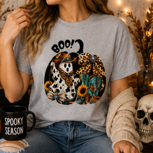 Cowgirl Ghost Halloween T-Shirt | Western Boo Graphic Tee | Cute Spooky Season Shirt | Fall Pumpkin Country Tee for Women