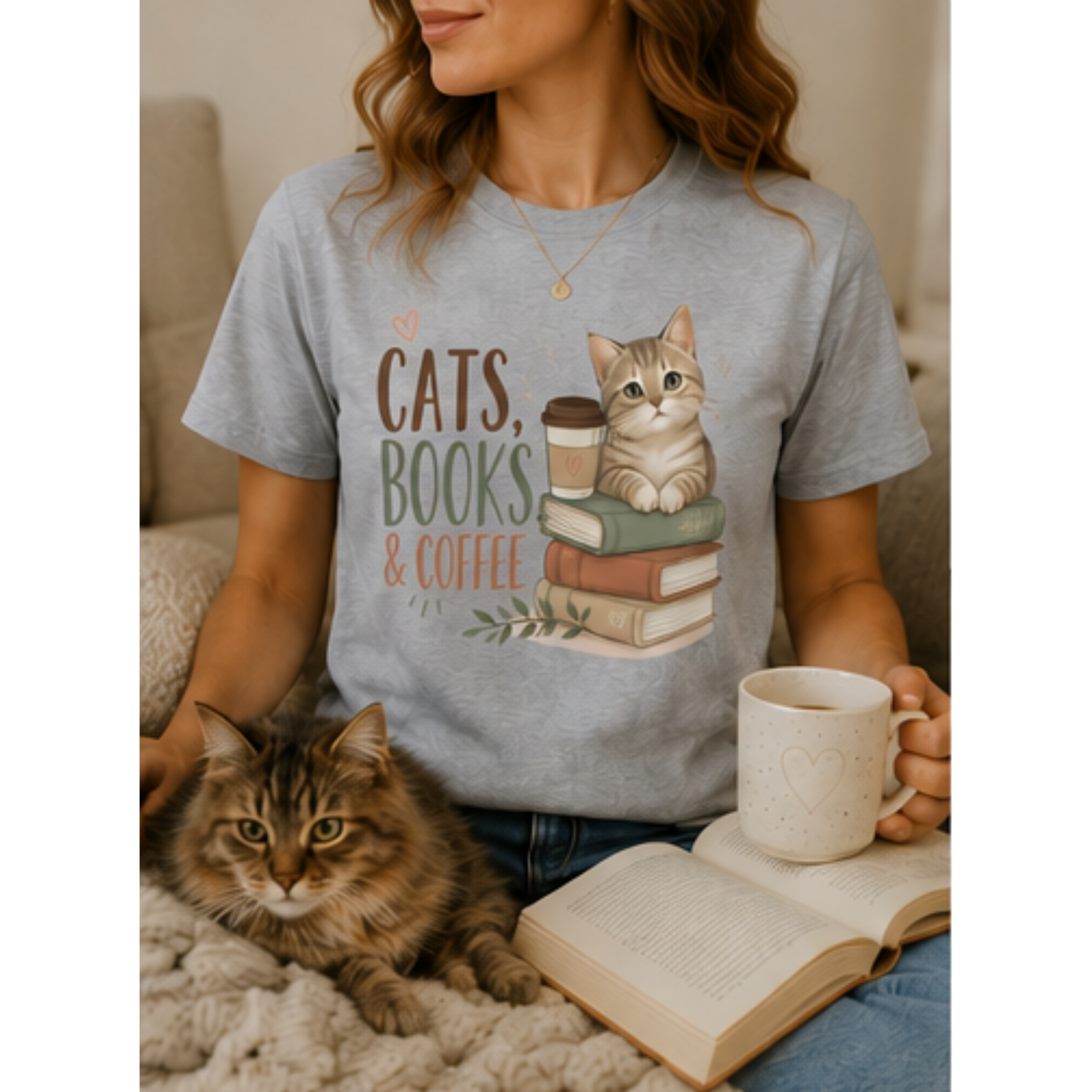 Cats, Books & Coffee Women's Graphic T-Shirt | Cute Cat Lover Tee | Cozy Book Lover Shirt | Coffee Lover Gift