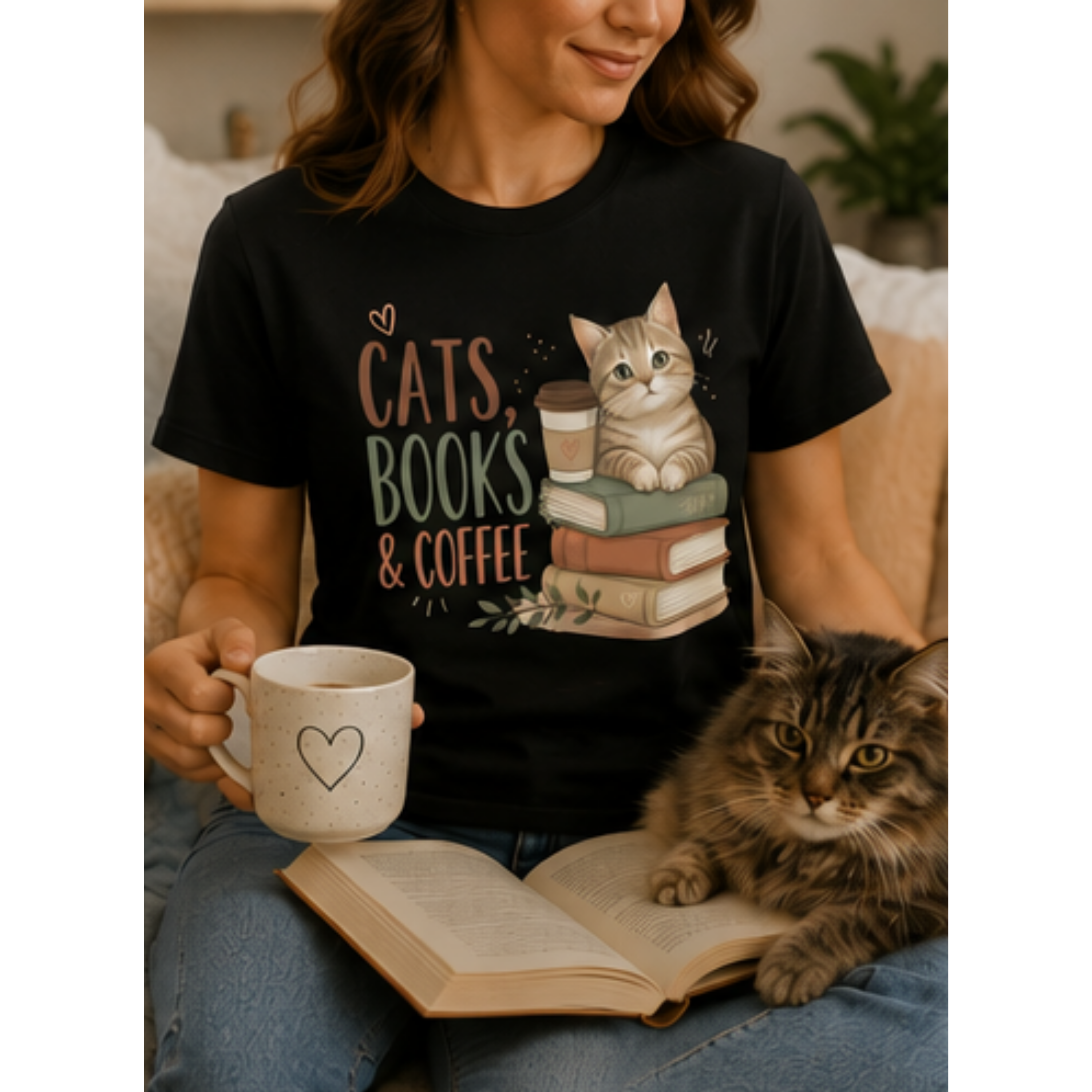 Cats, Books & Coffee Women's Graphic T-Shirt | Cute Cat Lover Tee | Cozy Book Lover Shirt | Coffee Lover Gift