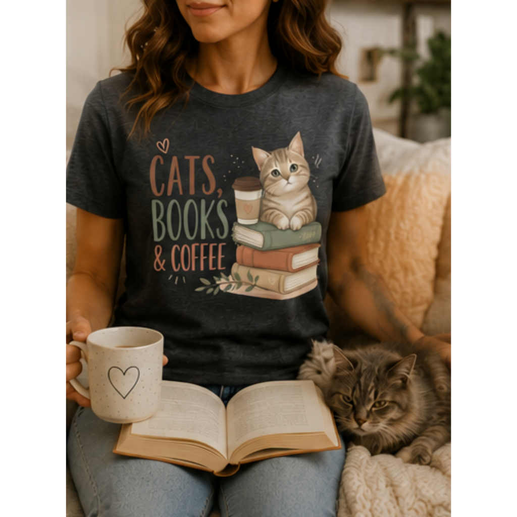 Cats, Books & Coffee Women's Graphic T-Shirt | Cute Cat Lover Tee | Cozy Book Lover Shirt | Coffee Lover Gift