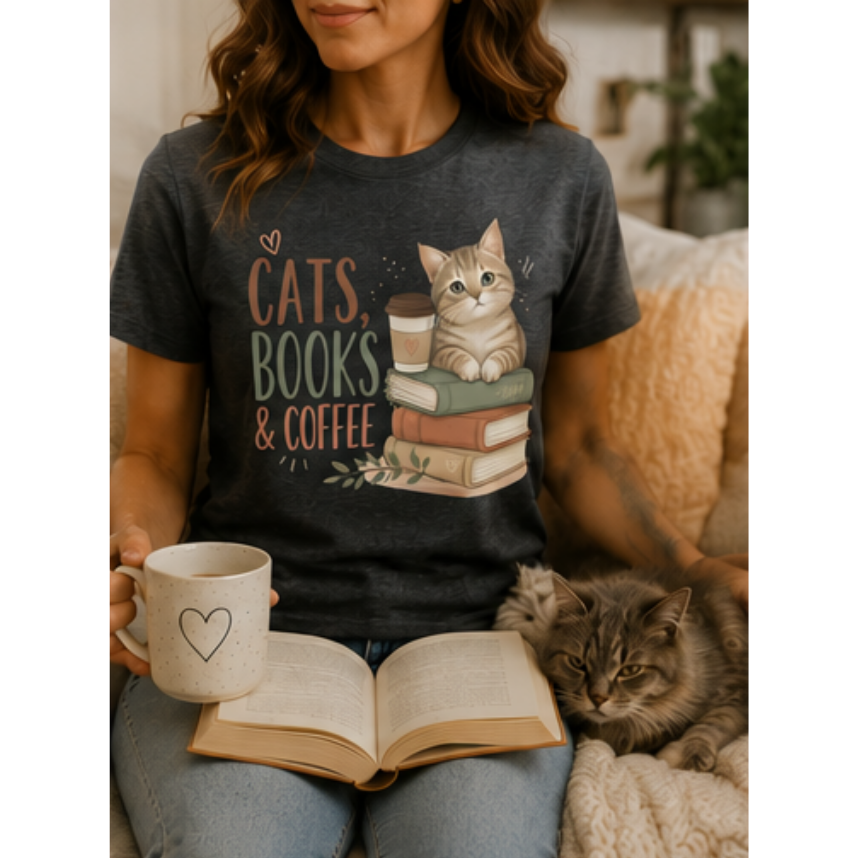 Cats, Books & Coffee Women's Graphic T-Shirt | Cute Cat Lover Tee | Cozy Book Lover Shirt | Coffee Lover Gift