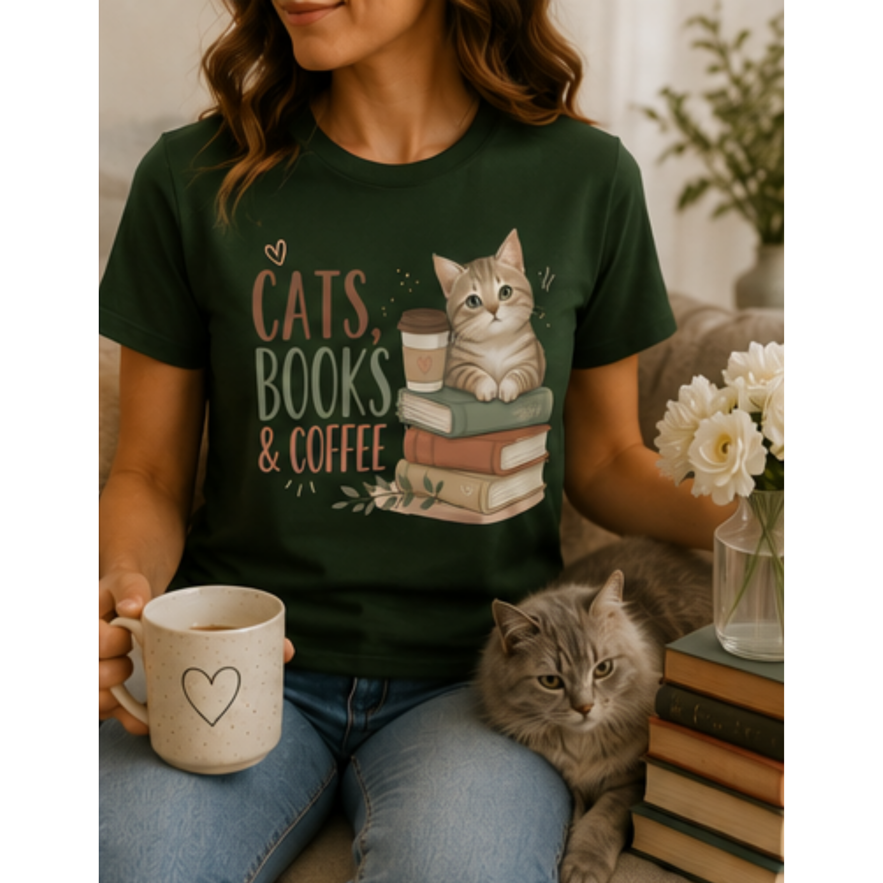 Cats, Books & Coffee Women's Graphic T-Shirt | Cute Cat Lover Tee | Cozy Book Lover Shirt | Coffee Lover Gift