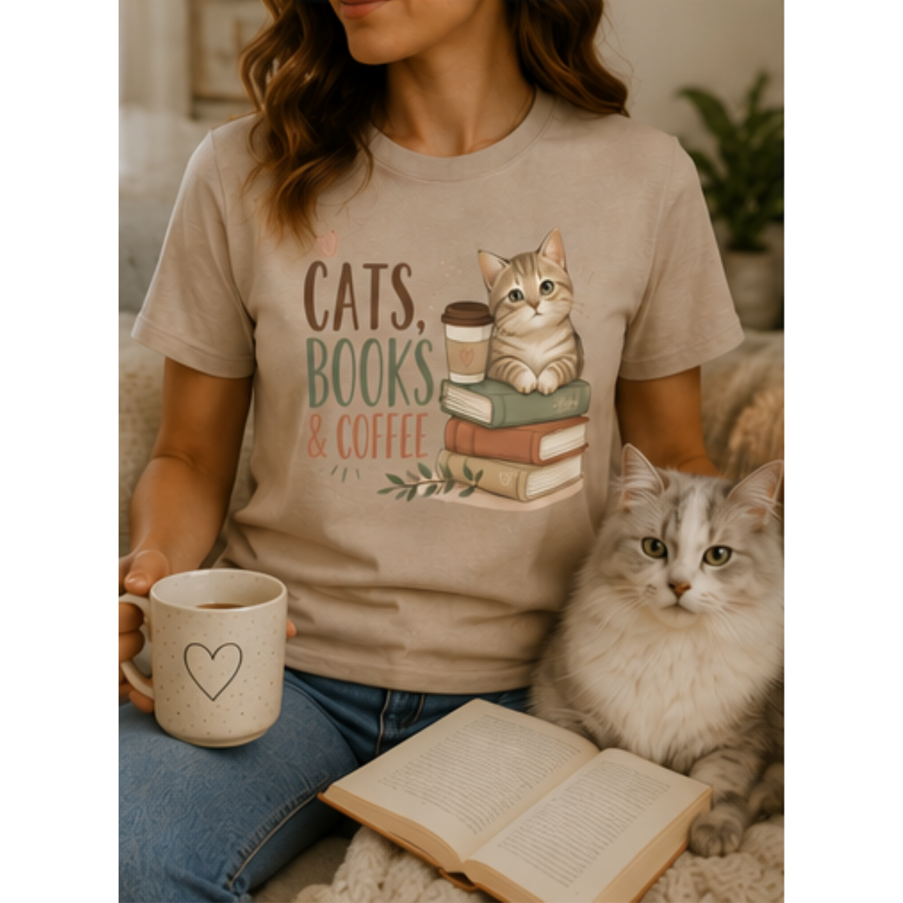Cats, Books & Coffee Women's Graphic T-Shirt | Cute Cat Lover Tee | Cozy Book Lover Shirt | Coffee Lover Gift