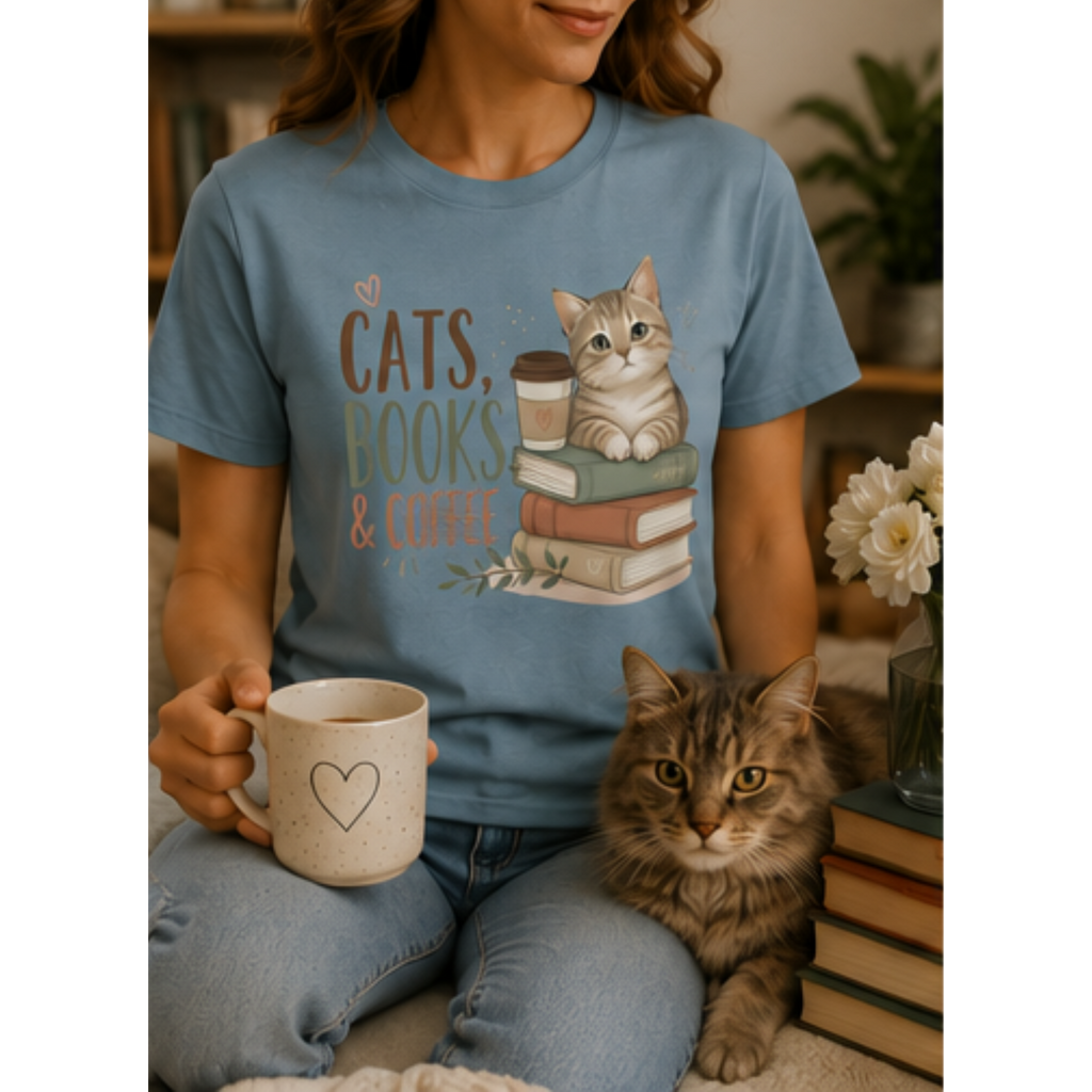 Cats, Books & Coffee Women's Graphic T-Shirt | Cute Cat Lover Tee | Cozy Book Lover Shirt | Coffee Lover Gift