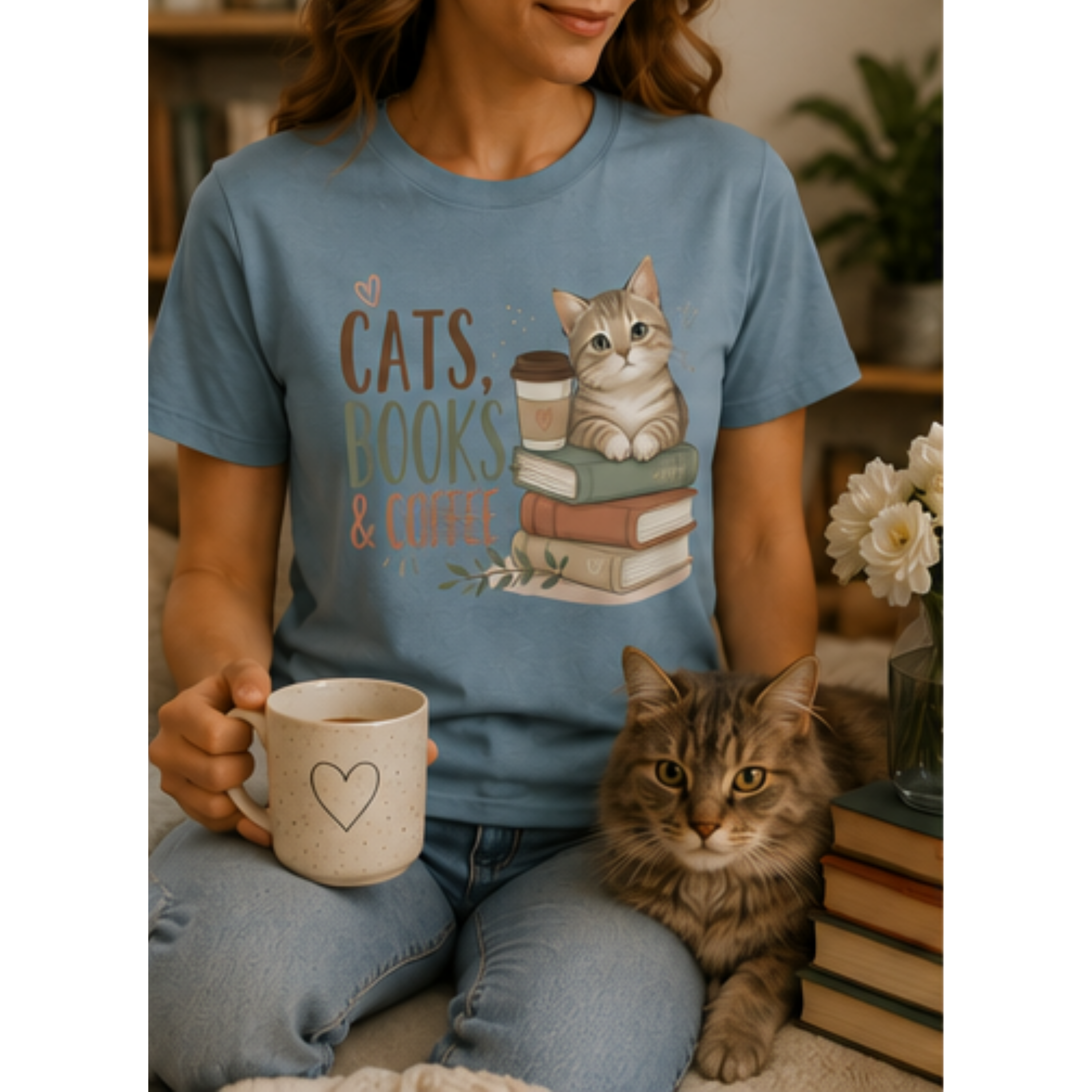 Cats, Books & Coffee Women's Graphic T-Shirt | Cute Cat Lover Tee | Cozy Book Lover Shirt | Coffee Lover Gift