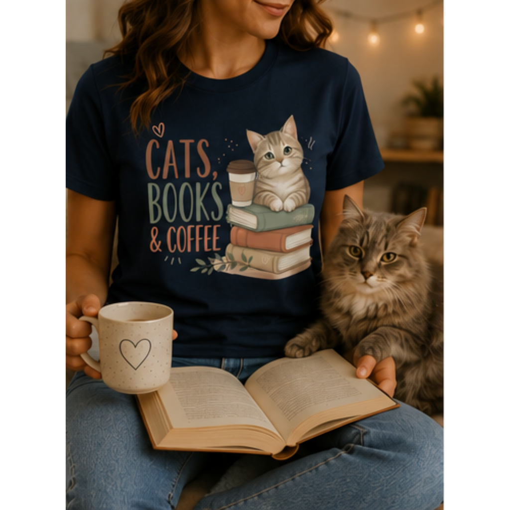 Cats, Books & Coffee Women's Graphic T-Shirt | Cute Cat Lover Tee | Cozy Book Lover Shirt | Coffee Lover Gift