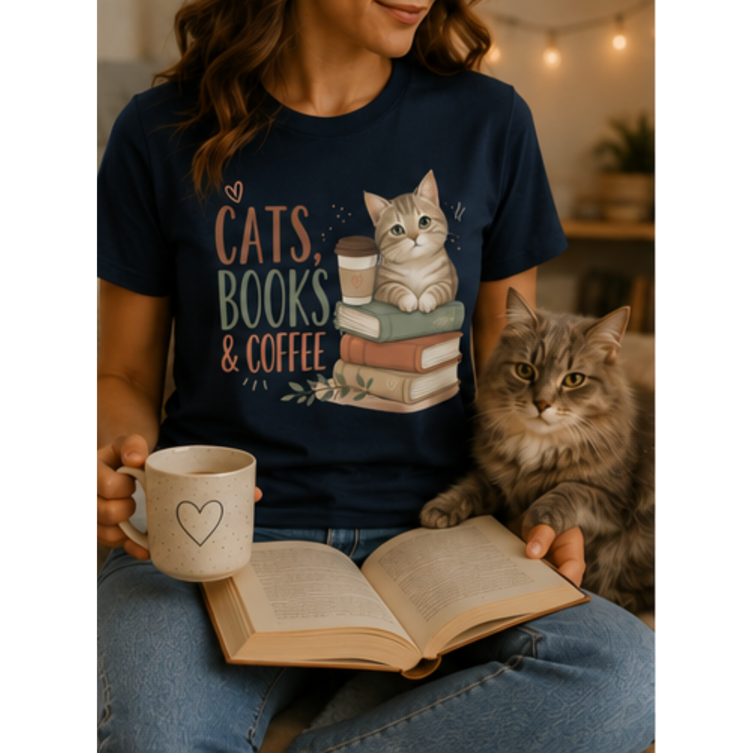 Cats, Books & Coffee Women's Graphic T-Shirt | Cute Cat Lover Tee | Cozy Book Lover Shirt | Coffee Lover Gift