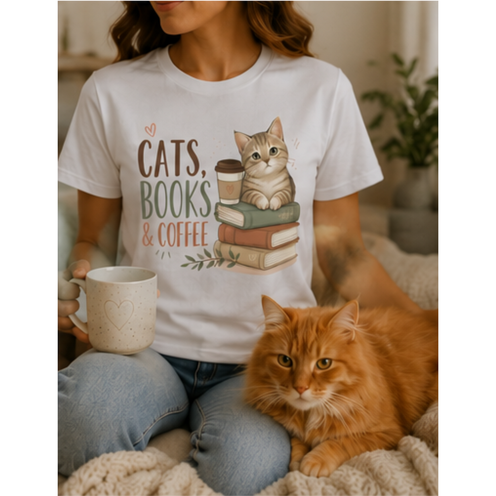 Cats, Books & Coffee Women's Graphic T-Shirt | Cute Cat Lover Tee | Cozy Book Lover Shirt | Coffee Lover Gift