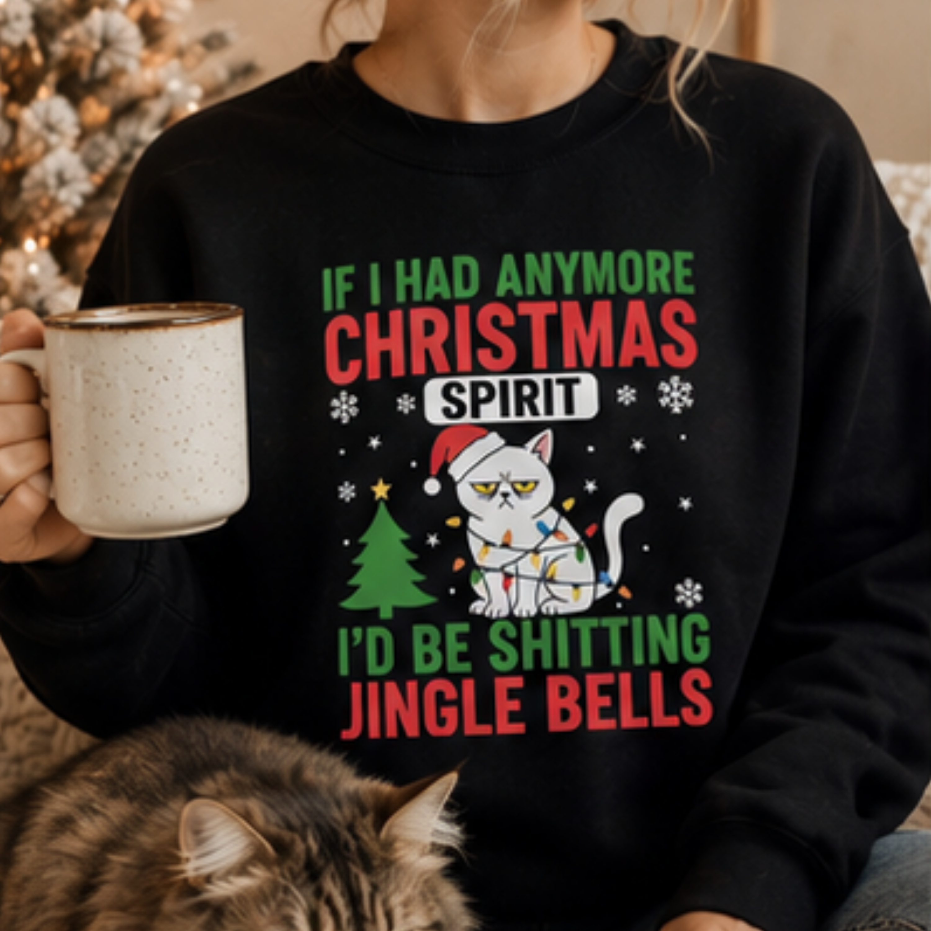 Funny Christmas Cat Sweatshirt | If I Had Anymore Christmas Spirit I'd Be Shitting Jin