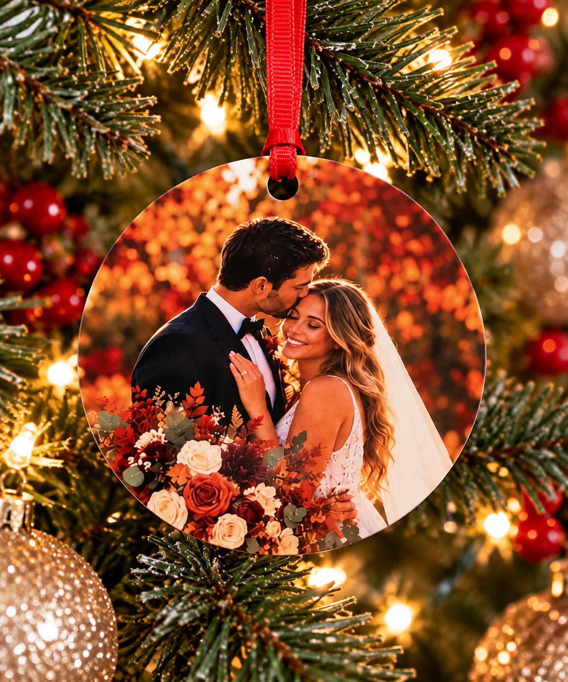 Personalized wedding photo ornament hanging on a Christmas tree