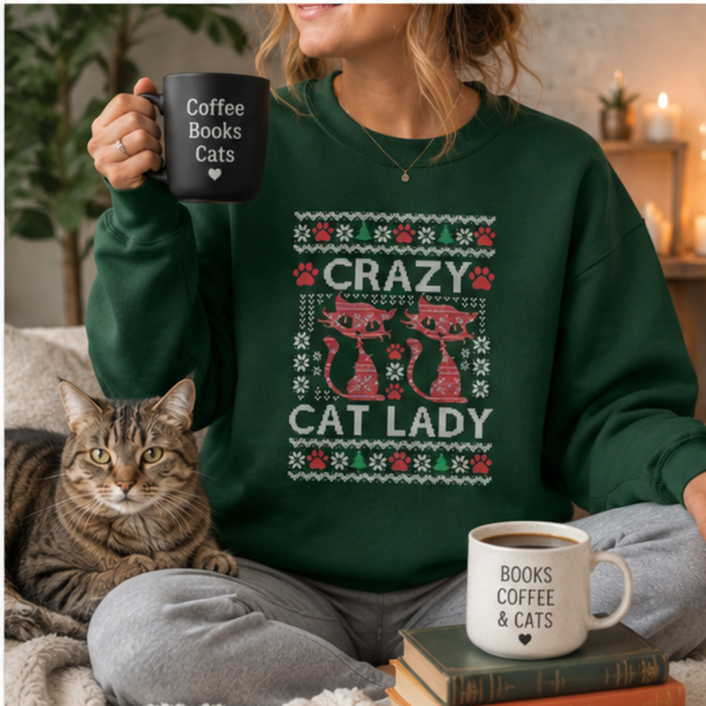 Crazy Cat Lady Christmas Sweatshirt | Funny Cat Lover Holiday Crewneck | Cozy Winter Cat Mom Pullover