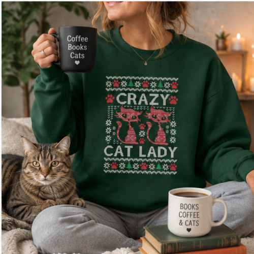 Crazy Cat Lady Christmas Sweatshirt | Funny Cat Lover Holiday Crewneck | Cozy Winter Cat Mom Pullover