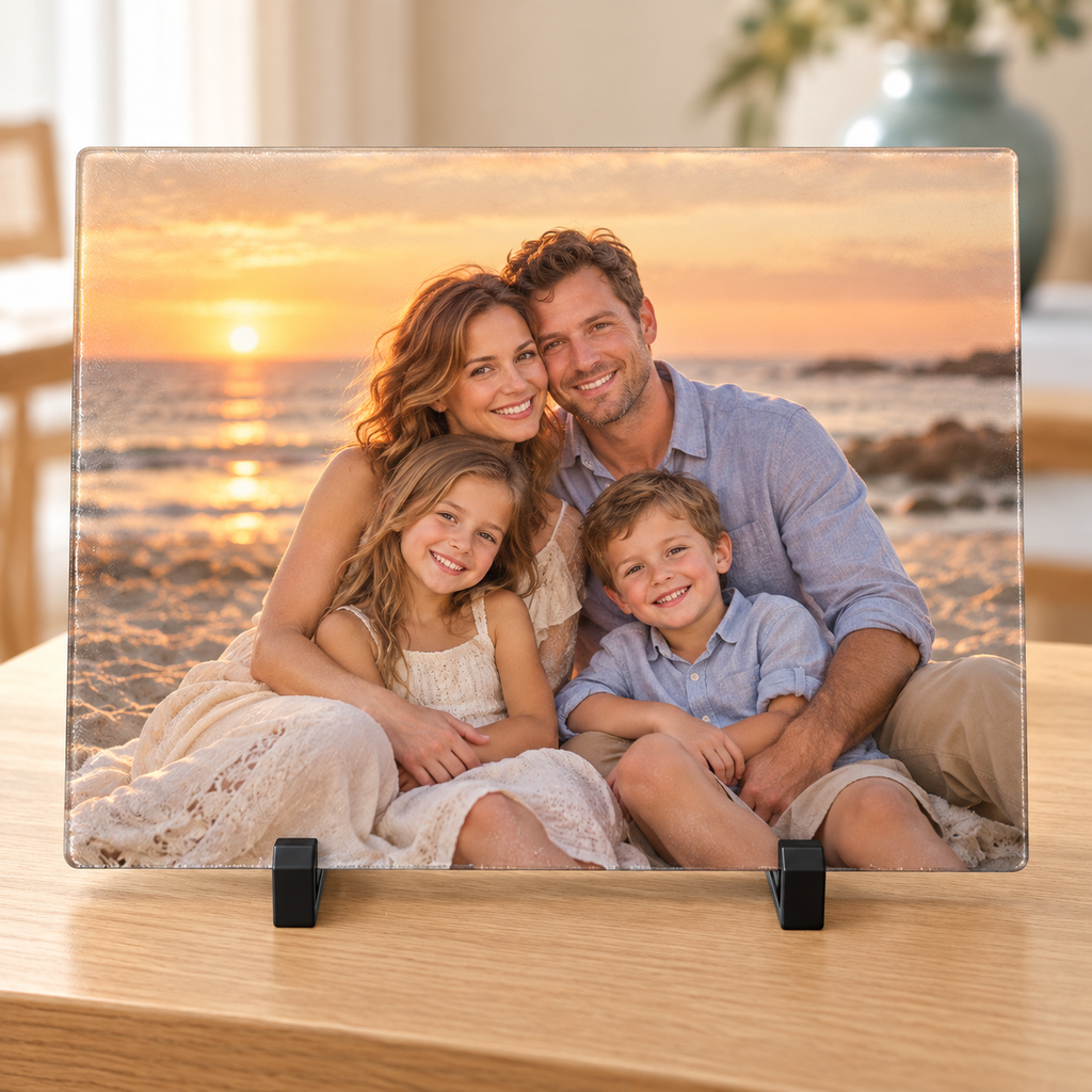 Illustrative family photo personalization mockup on glass cutting board