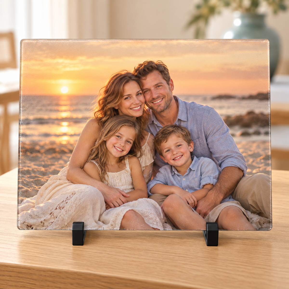 Illustrative family photo personalization mockup on glass cutting board