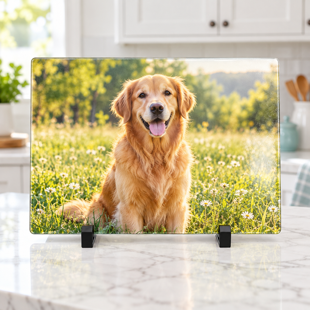 Illustrative Golden Retriever photo personalization mockup on glass cutting board