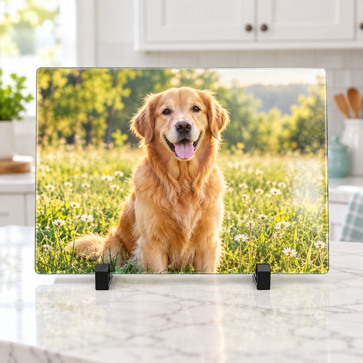 Illustrative Golden Retriever photo personalization mockup on glass cutting board