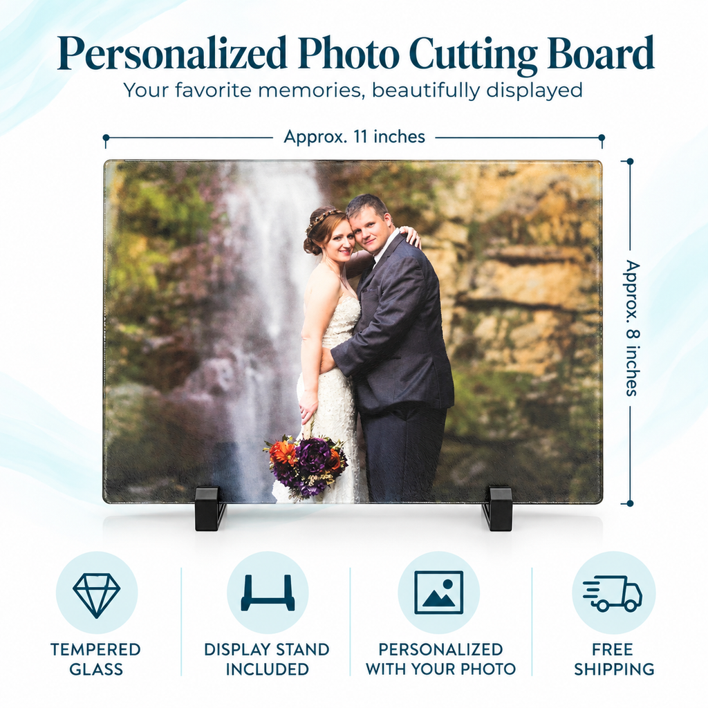 Approximate 11 by 8 inch tempered glass cutting board; stand included, photo personalization and free shipping