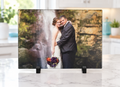 Wedding photo cutting board with included stand in a styled white kitchen