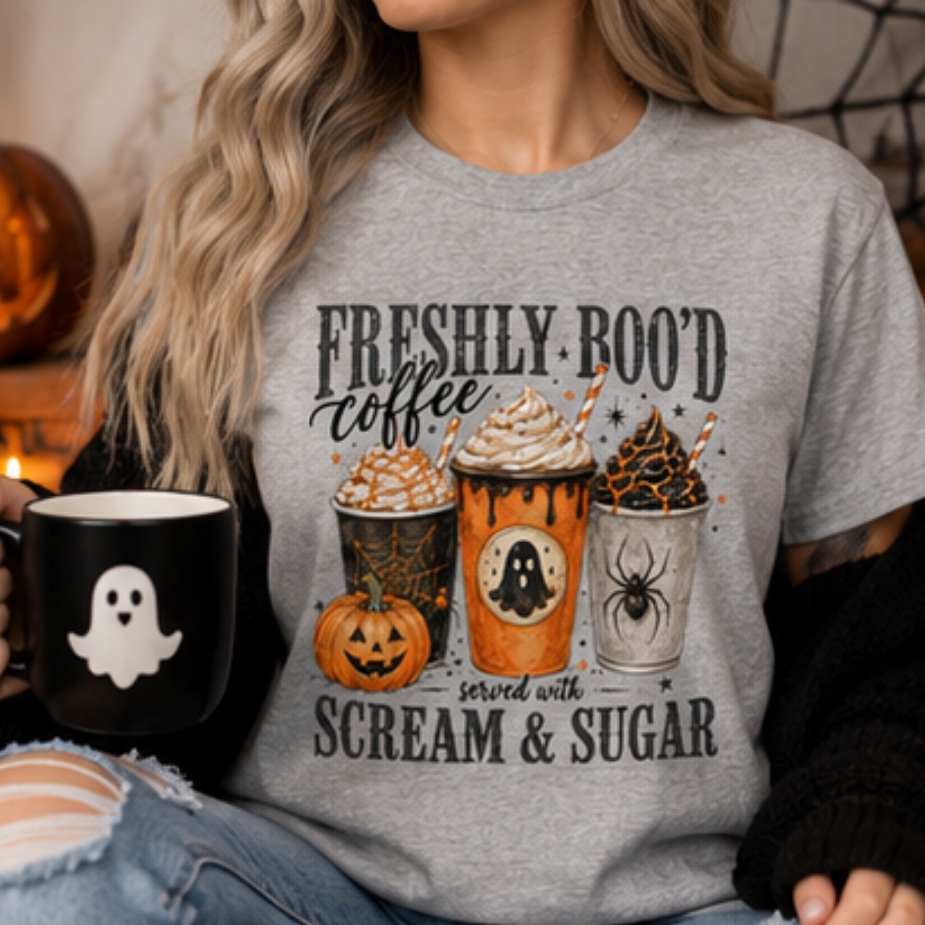 Freshly Boo'd Coffee Halloween T-Shirt | Cute Ghost Coffee Graphic Tee | Spooky Fall Pumpkin Spice Shirt | Halloween Apparel