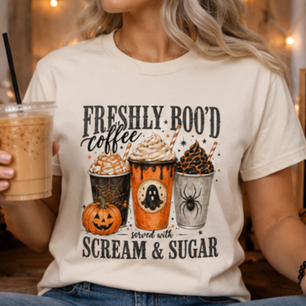 Freshly Boo'd Coffee Halloween T-Shirt | Cute Ghost Coffee Graphic Tee | Spooky Fall Pumpkin Spice Shirt | Halloween Apparel