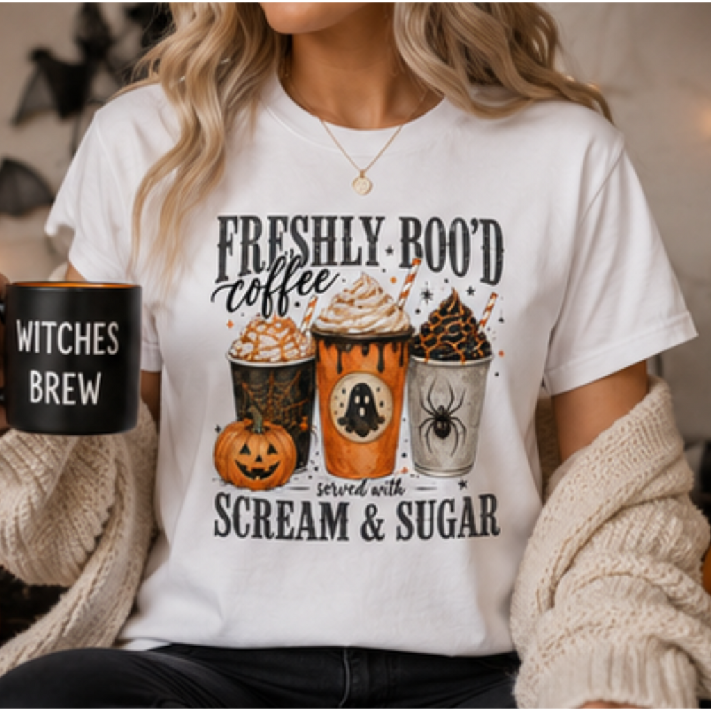 Freshly Boo'd Coffee Halloween T-Shirt | Cute Ghost Coffee Graphic Tee | Spooky Fall Pumpkin Spice Shirt | Halloween Apparel