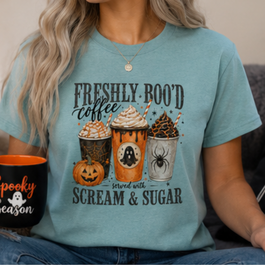 Freshly Boo'd Coffee Halloween T-Shirt | Cute Ghost Coffee Graphic Tee | Spooky Fall Pumpkin Spice Shirt | Halloween Apparel