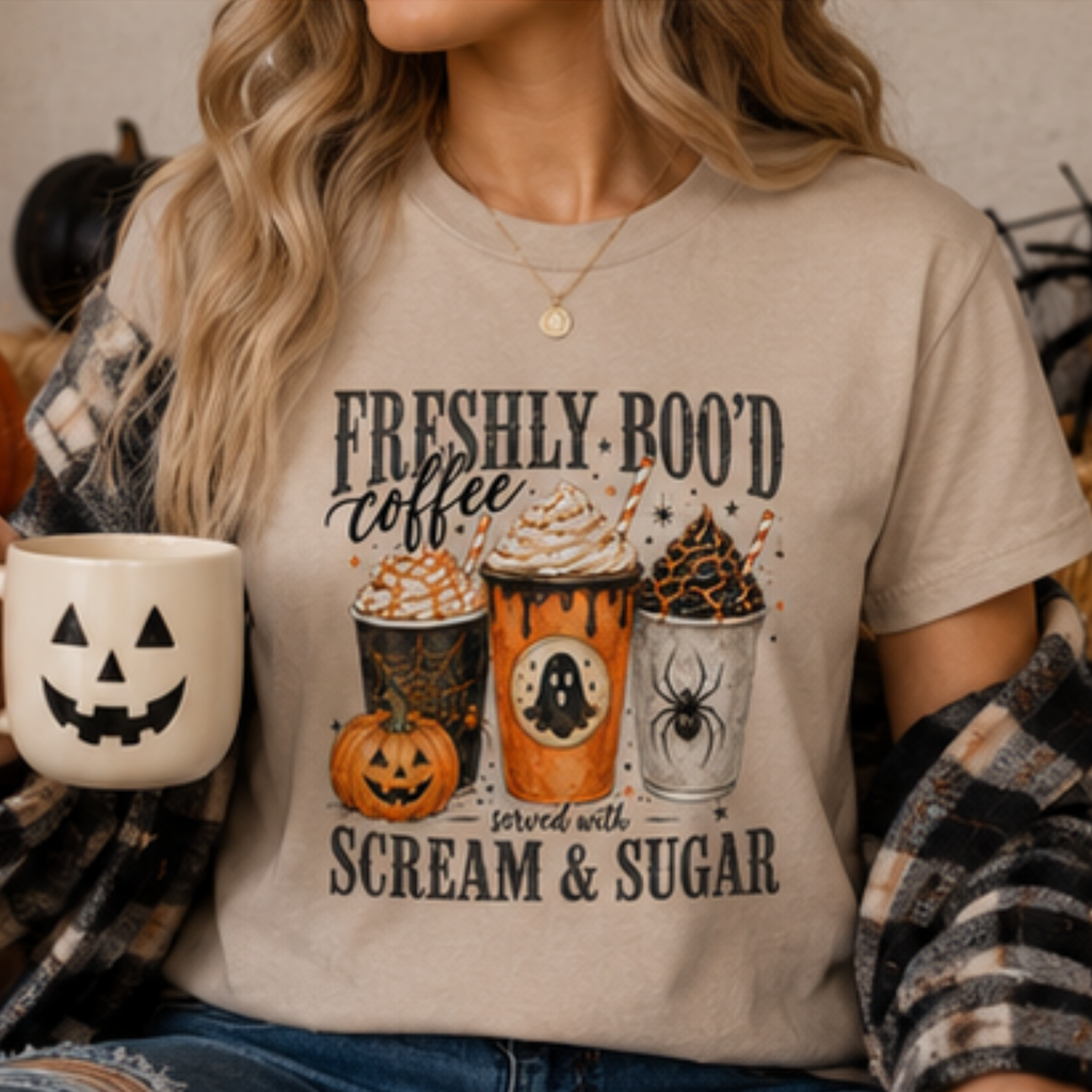 Freshly Boo'd Coffee Halloween T-Shirt | Cute Ghost Coffee Graphic Tee | Spooky Fall Pumpkin Spice Shirt | Halloween Apparel