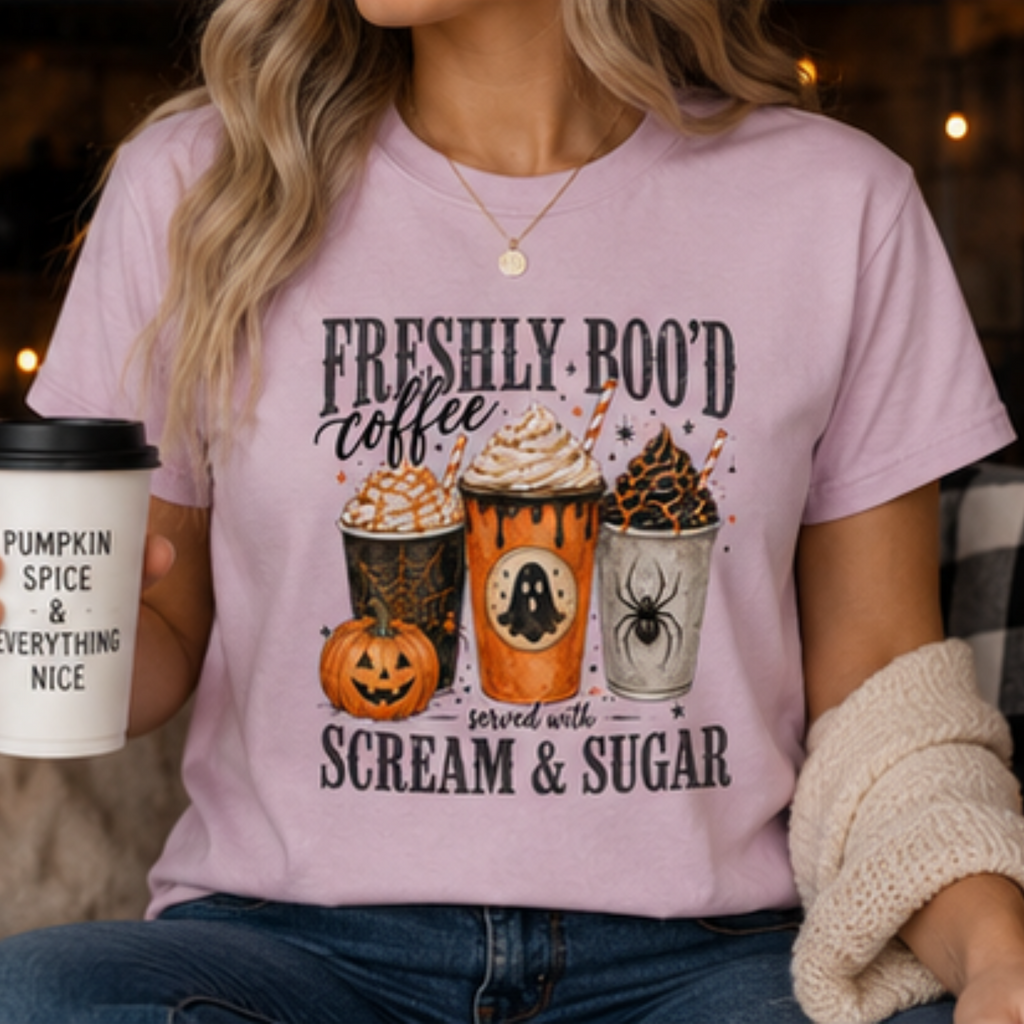 Freshly Boo'd Coffee Halloween T-Shirt | Cute Ghost Coffee Graphic Tee | Spooky Fall Pumpkin Spice Shirt | Halloween Apparel
