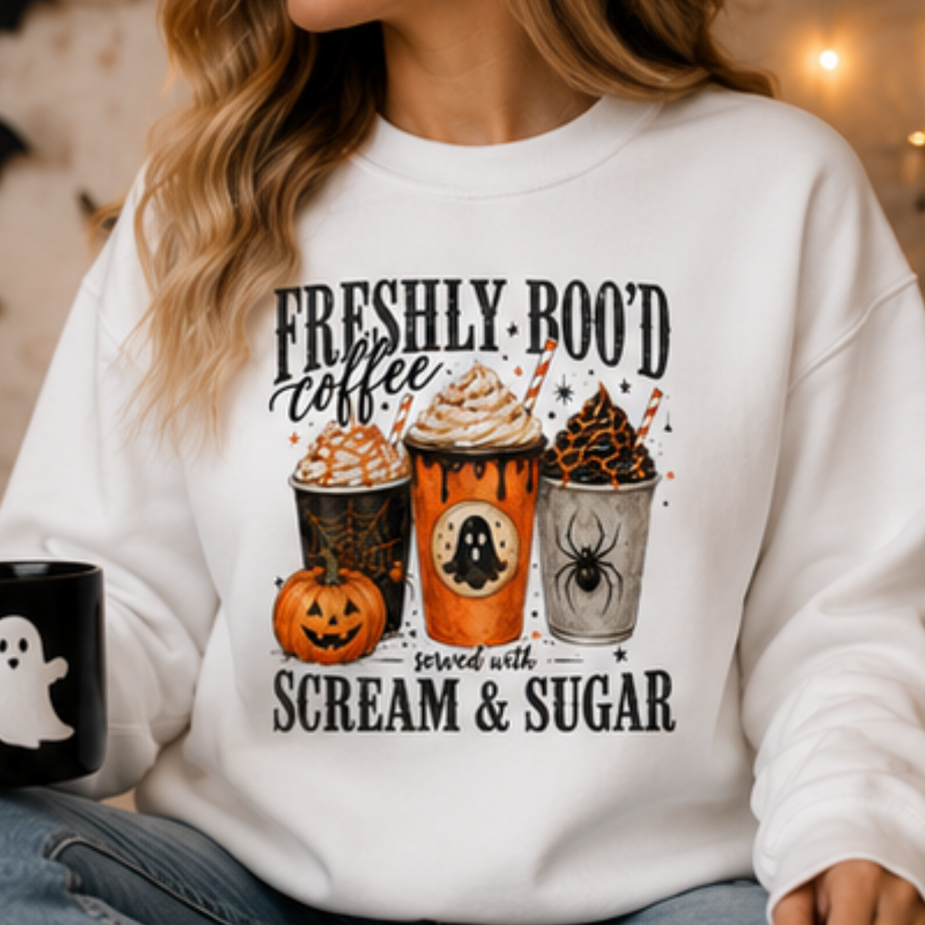 Freshly Boo'd Coffee Halloween Sweatshirt | Spooky Ghost Pumpkin Fall Crewneck | Cozy Coffee Lover Sweatshirt