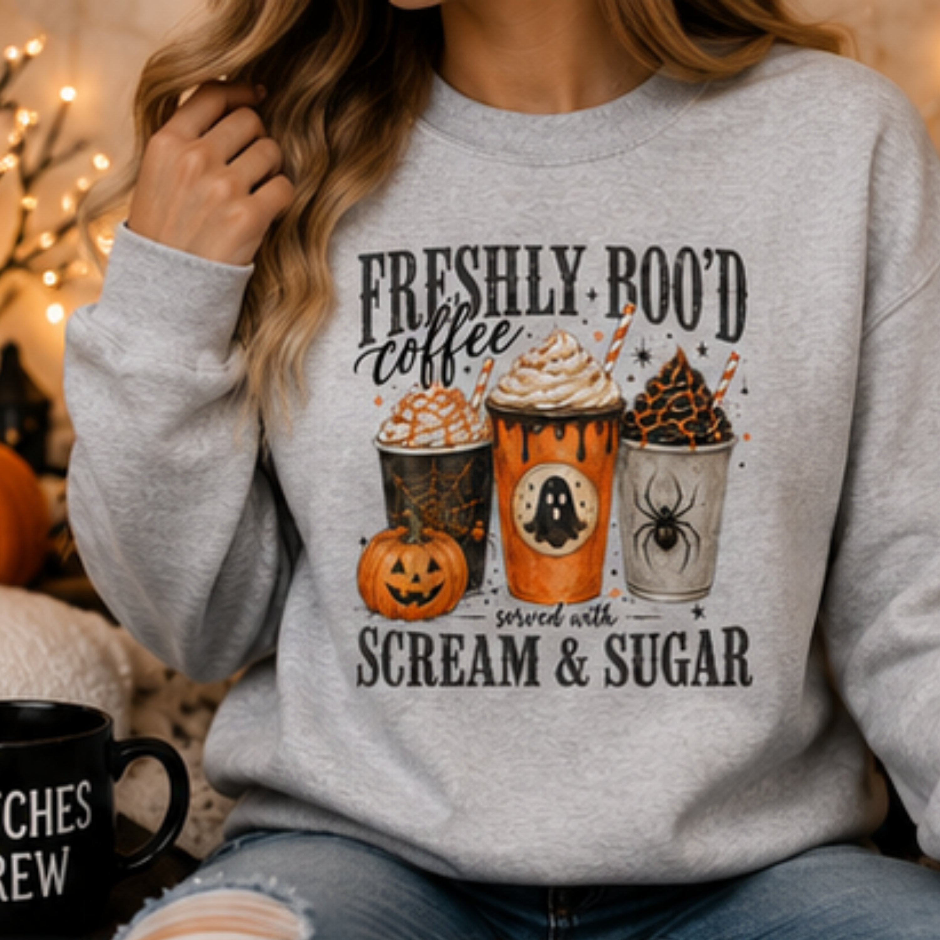 Freshly Boo'd Coffee Halloween Sweatshirt | Spooky Ghost Pumpkin Fall Crewneck | Cozy Coffee Lover Sweatshirt