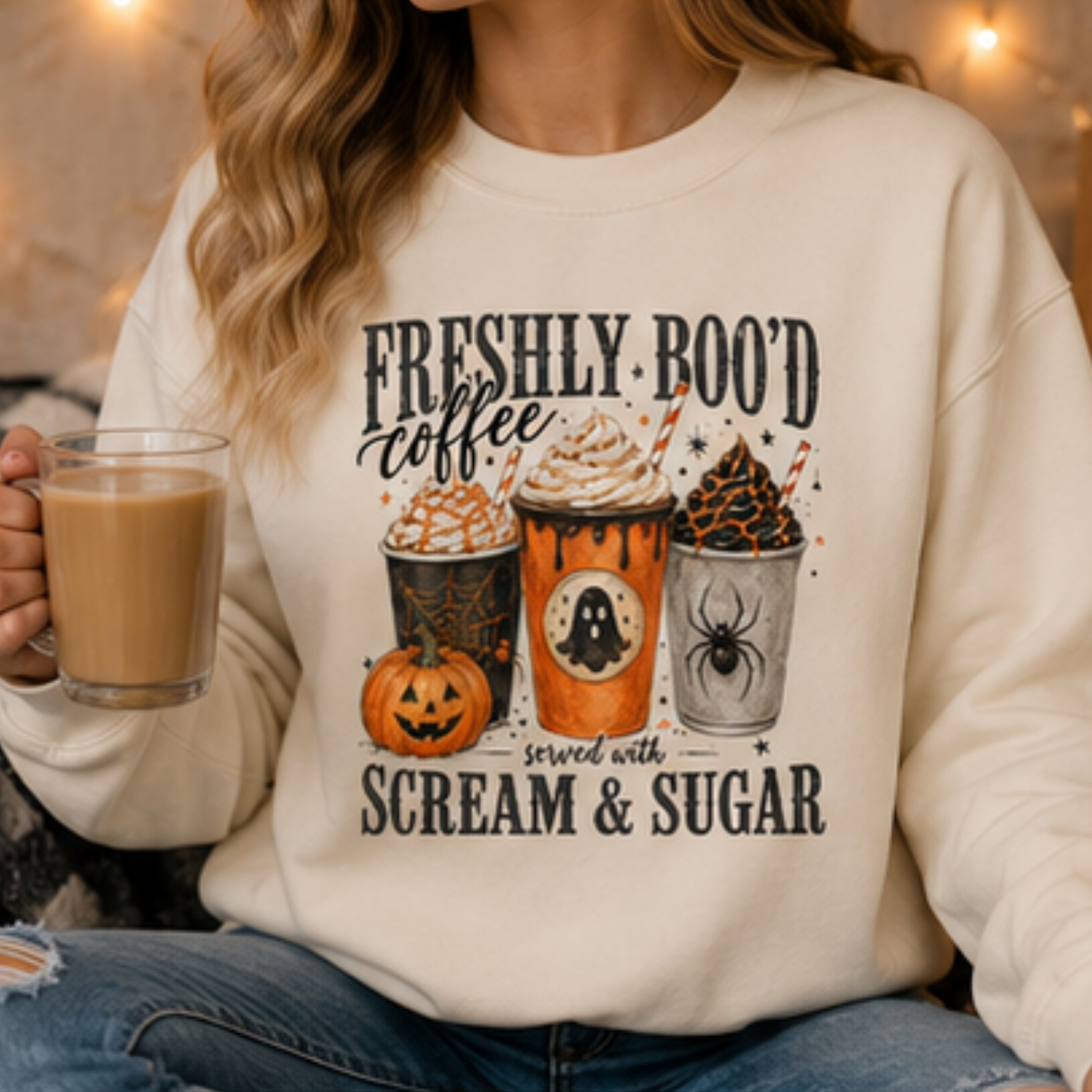 Freshly Boo'd Coffee Halloween Sweatshirt | Spooky Ghost Pumpkin Fall Crewneck | Cozy Coffee Lover Sweatshirt