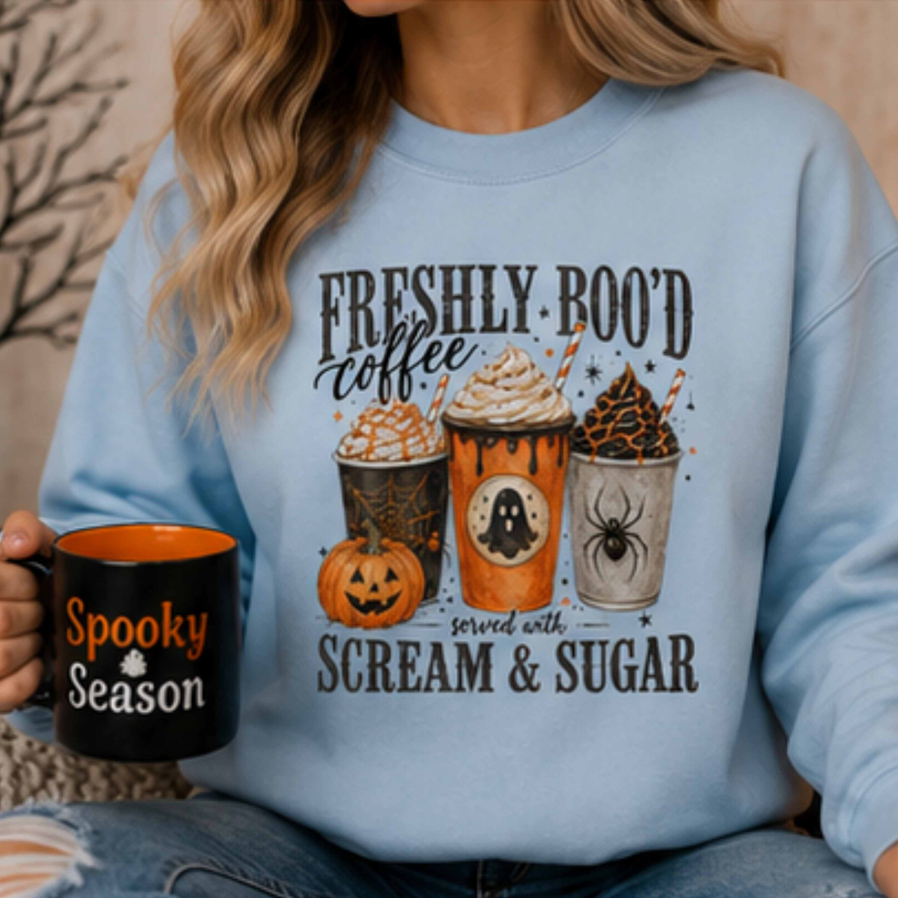 Freshly Boo'd Coffee Halloween Sweatshirt | Spooky Ghost Pumpkin Fall Crewneck | Cozy Coffee Lover Sweatshirt
