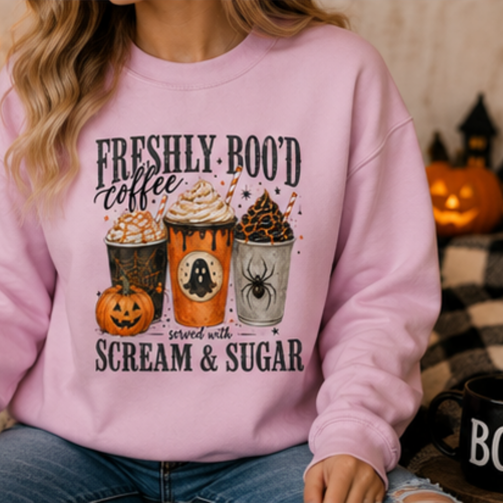 Freshly Boo'd Coffee Halloween Sweatshirt | Spooky Ghost Pumpkin Fall Crewneck | Cozy Coffee Lover Sweatshirt